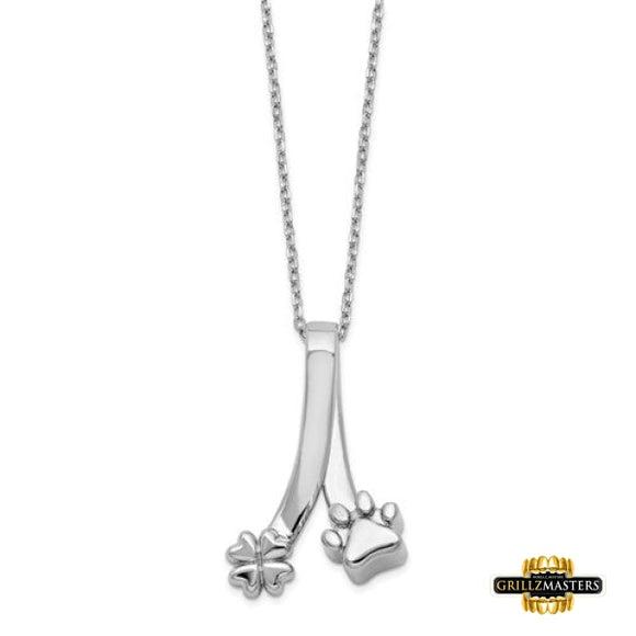 Sterling Silver Paw Print And Clover Ash Holder 18In Necklace