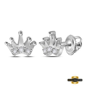 Sterling Silver Round Diamond Crown Earrings 1/20 Cttw