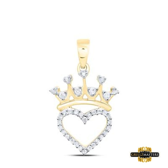 Sterling Silver Round Diamond Crown Heart Pendant 1/10 Cttw