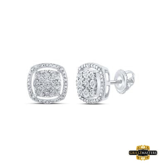 Sterling Silver Round Diamond Square Earrings 1/10 Cttw
