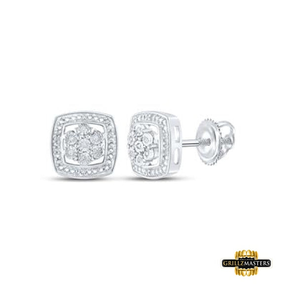 Sterling Silver Round Diamond Square Earrings 1/20 Cttw