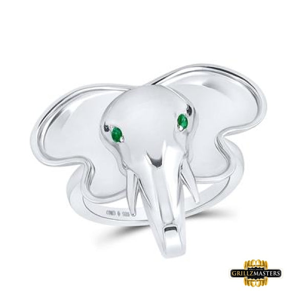 Sterling Silver Round Emerald Elephant Animal Ring .03 Cttw