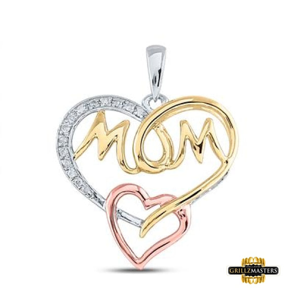 Sterling Silver Tri-Tone Diamond Mom Heart Pendant 1/20 Cttw