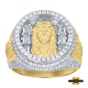 Sterling Silver Yellow-Tone Mens Baguette Round Cz Jesus Ring