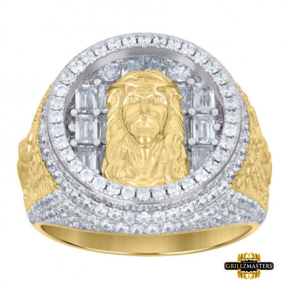 Sterling Silver Yellow-Tone Mens Baguette Round Cz Jesus Ring