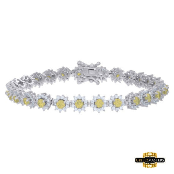 Sterling Silver Yellow & White Cz Flower Link Bracelet 7