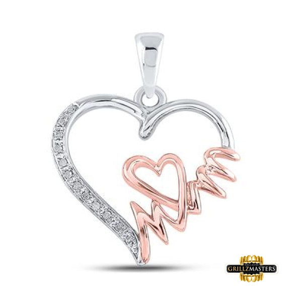 Two-Tone Sterling Silver Round Diamond Mom Heart Pendant 1/20 Cttw