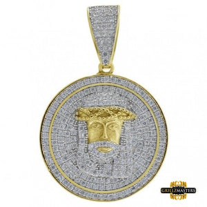Yellow-Tone Sterling Silver Mens Round Cubic Zirconia Jesus Face Pendant